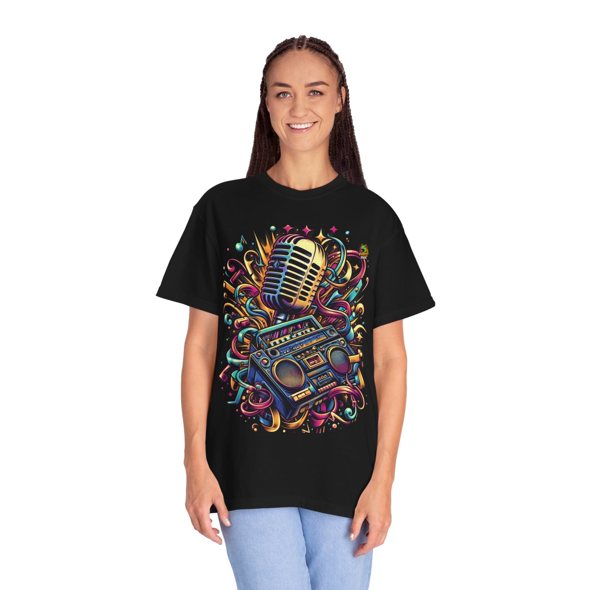 | - Rapper Merch Boombox & Microphone Fusion | Hip-Hop Beats T-Shirt Design - custom-made. perfect gift idea. Order yours now and stand out with this exclusive piece!