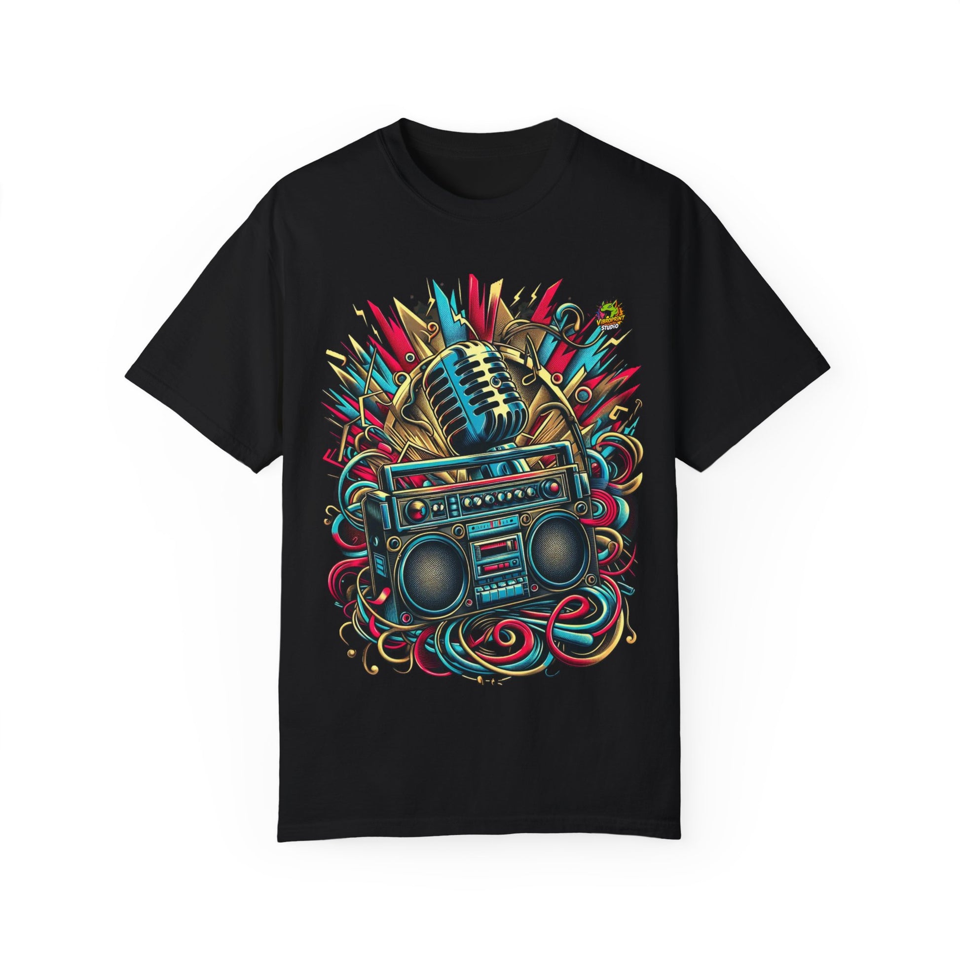 Dynamic Boombox & Microphone Rapper Merch | Hip-Hop Music Fusion T-Shirt - High Quality Image