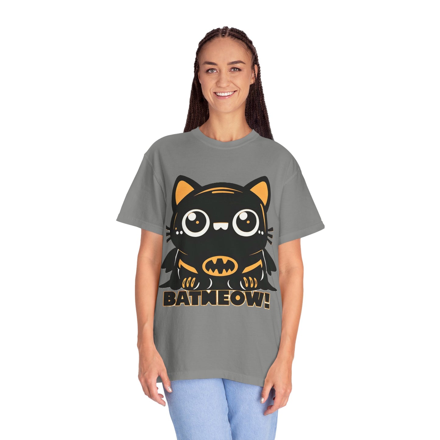 Superhero Cat T-Shirt - Cute Batman-Inspired Parody Design for Cat Lovers - High Quality Image