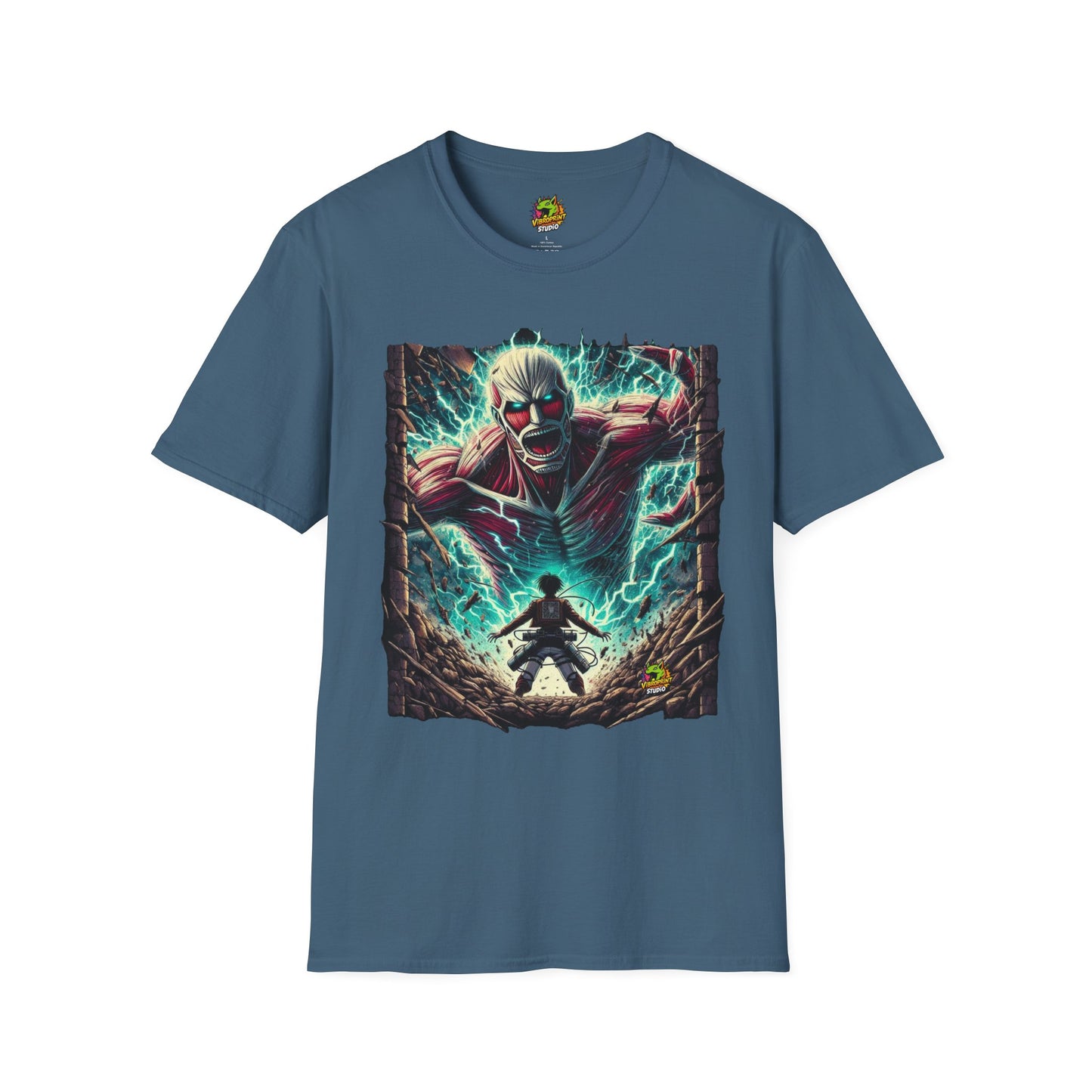 Eren Yeager in mid-transformation, rising as the Attack Titan, symbolizing his ascension to power on a high-quality black t-shirt, designed by Vibroprint Studio.

