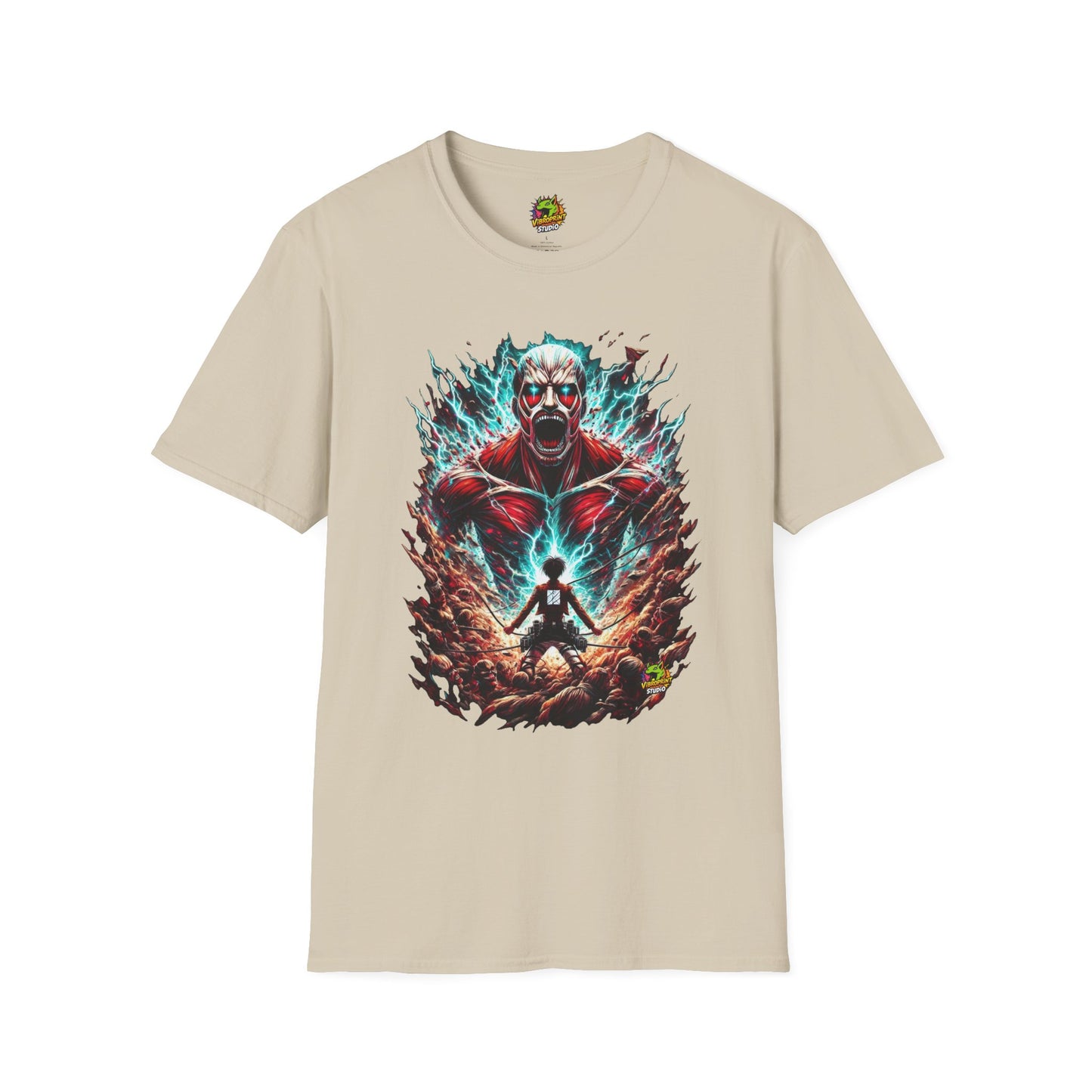 Eren Yeager in mid-transformation into the Attack Titan, symbolizing the reckoning that awaits the Titans on a high-quality black t-shirt, designed by Vibroprint Studio.

