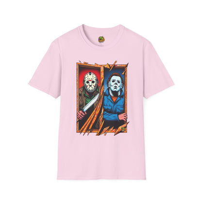 horror-themed apparel - Michael Myers Vintage Tee | Jason Voorhees Funny Picnic Scene - perfect for Halloween lovers. unique graphic tee featuring iconic horror characters. Order yours now and stand out with this exclusive piece!