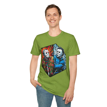 spooky season fashion - Funny Jason & Michael Myers Shirt | Halloween Horror T-Shirt - unique graphic tee. limited edition vintage horror design. Order yours now and stand out with this exclusive piece!