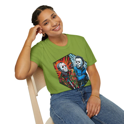 Halloween graphic tee - Funny Jason & Michael Myers Shirt | Halloween Horror T-Shirt - vintage aesthetic. premium horror movie t-shirt for spooky occasions. Order yours now and stand out with this exclusive piece!