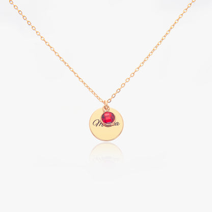 Personalized circle birthstone necklace crafted from copper, displayed in a gift box.