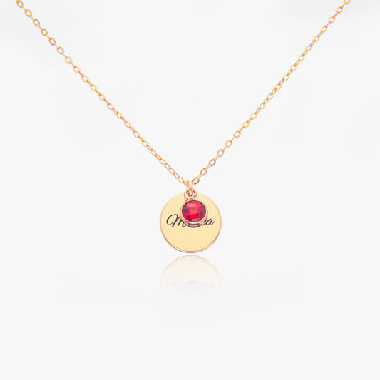 Personalized circle birthstone necklace crafted from copper, displayed in a gift box.