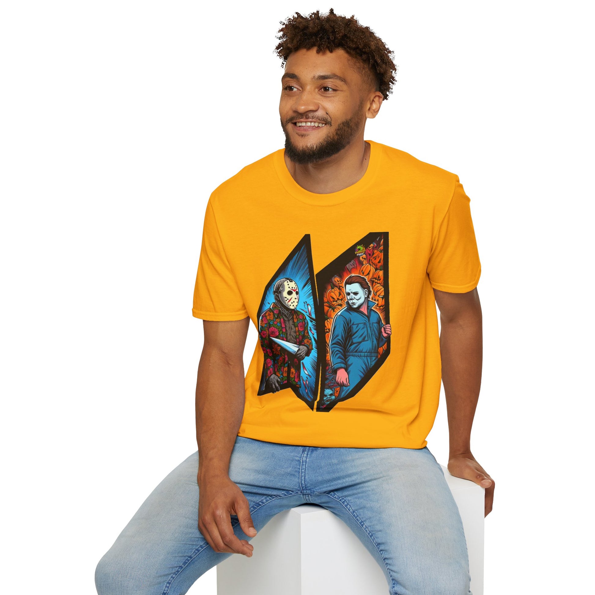 horror-themed apparel - Jason Voorhees & Michael Myers Funny Halloween Shirt - vintage aesthetic. spooky season t-shirt with unique flair. Order yours now and stand out with this exclusive piece!