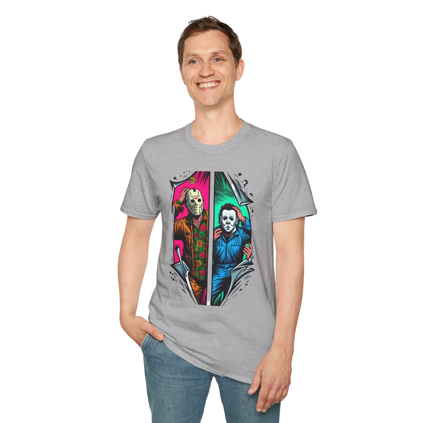 horror-themed apparel - Michael Myers Vintage Shirt | Jason Voorhees Funny Picnic Scene Tee - comfortable fit. unique graphic tee featuring iconic horror characters. Order yours now and stand out with this exclusive piece!