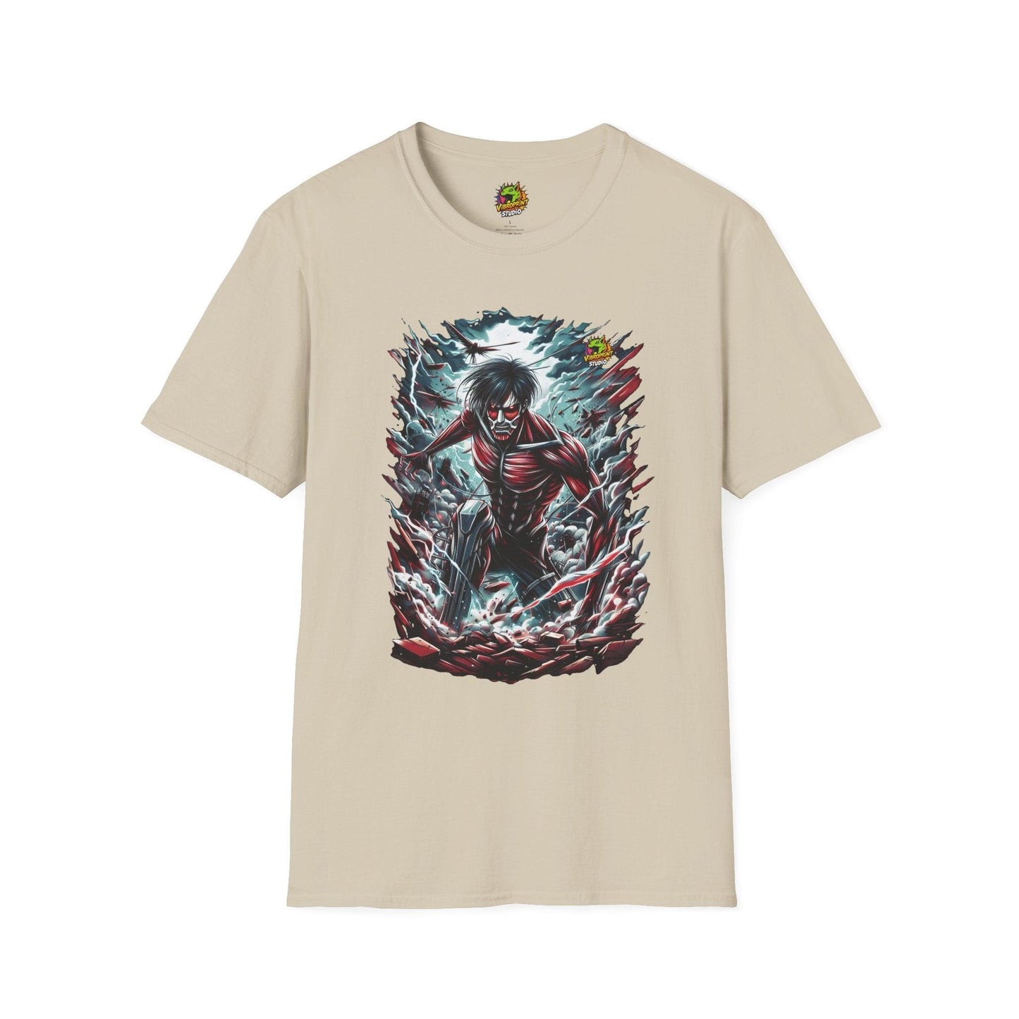 Eren Yeager in mid-transformation into the Attack Titan, symbolizing his awakening and the unleashing of his power on a high-quality black t-shirt, designed by Vibroprint Studio.