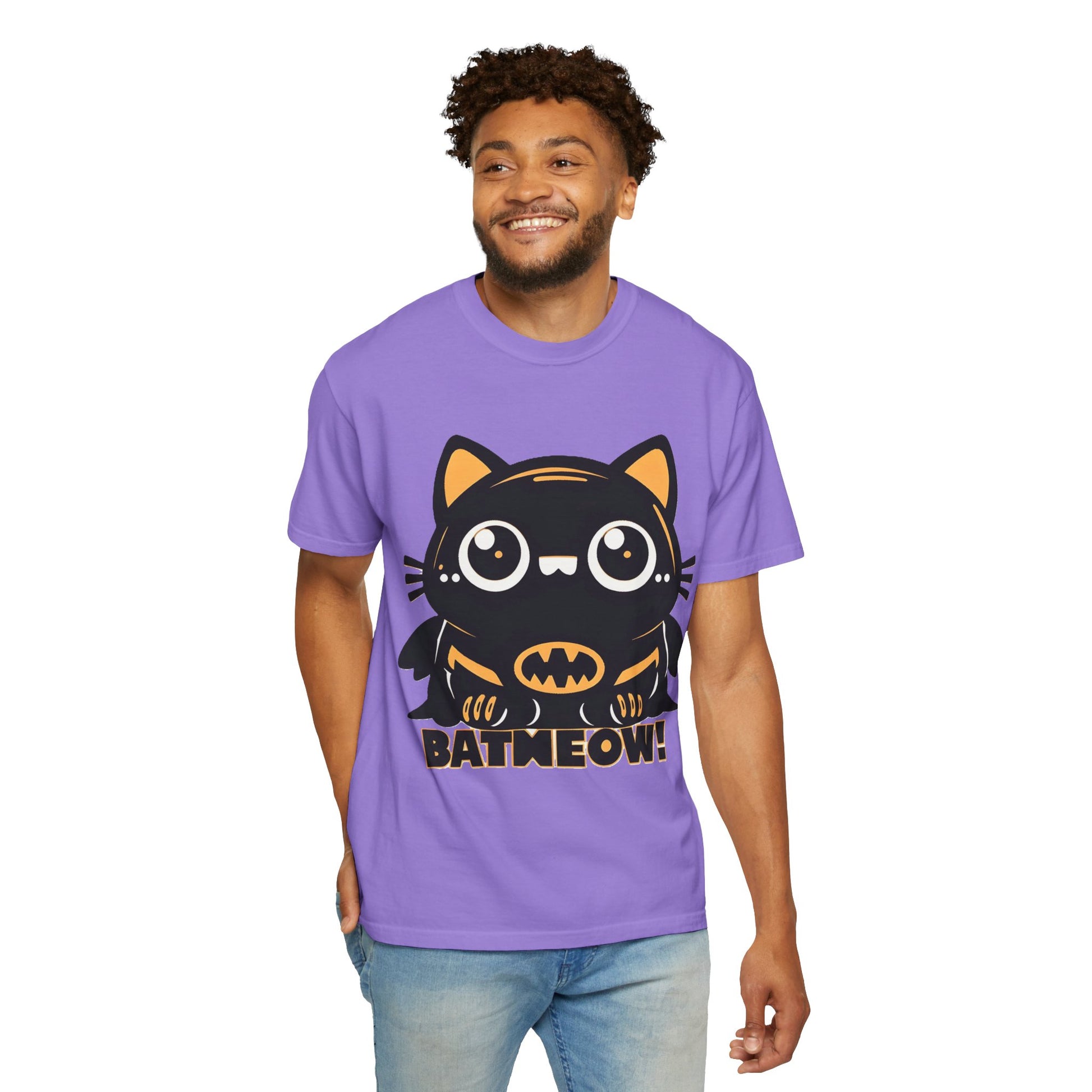 Superhero Cat T-Shirt - Cute Batman-Inspired Parody Design for Cat Lovers - High Quality Image