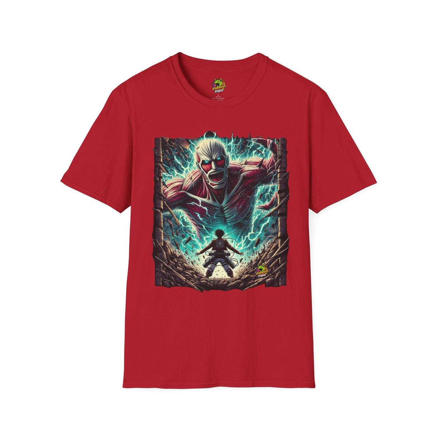 Eren Yeager in mid-transformation, rising as the Attack Titan, symbolizing his ascension to power on a high-quality black t-shirt, designed by Vibroprint Studio.

