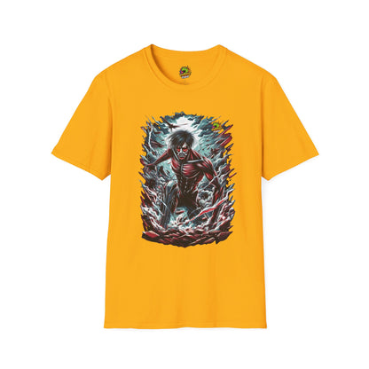 Eren Yeager in mid-transformation into the Attack Titan, symbolizing his awakening and the unleashing of his power on a high-quality black t-shirt, designed by Vibroprint Studio.