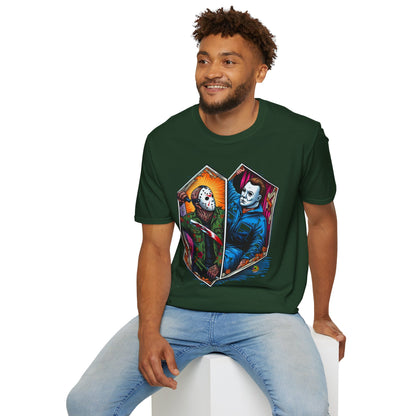 product - Jason & Michael Funny Halloween T-Shirt | Michael Myers Vintage Tee - custom-made. limited stock. Order yours now and stand out with this exclusive piece!