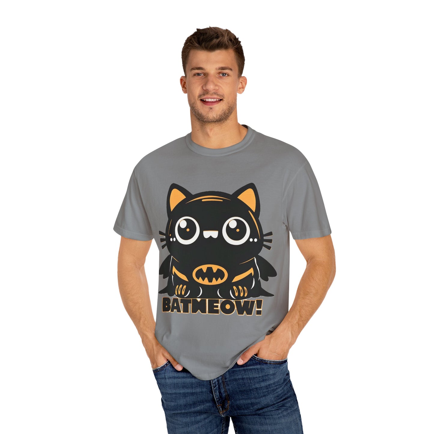 Superhero Cat T-Shirt - Cute Batman-Inspired Parody Design for Cat Lovers - High Quality Image