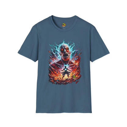 Eren Yeager in mid-transformation, symbolizing his role as the judge of humanity, on a high-quality black t-shirt designed by Vibroprint Studio.

