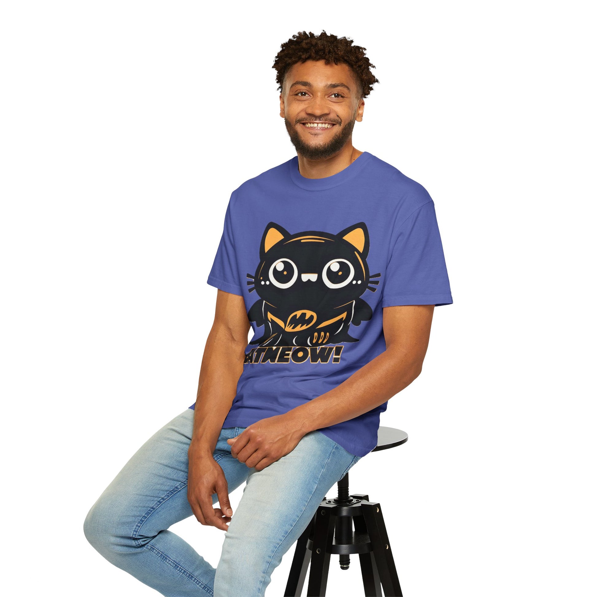 Superhero Cat T-Shirt - Cute Batman-Inspired Parody Design for Cat Lovers - High Quality Image