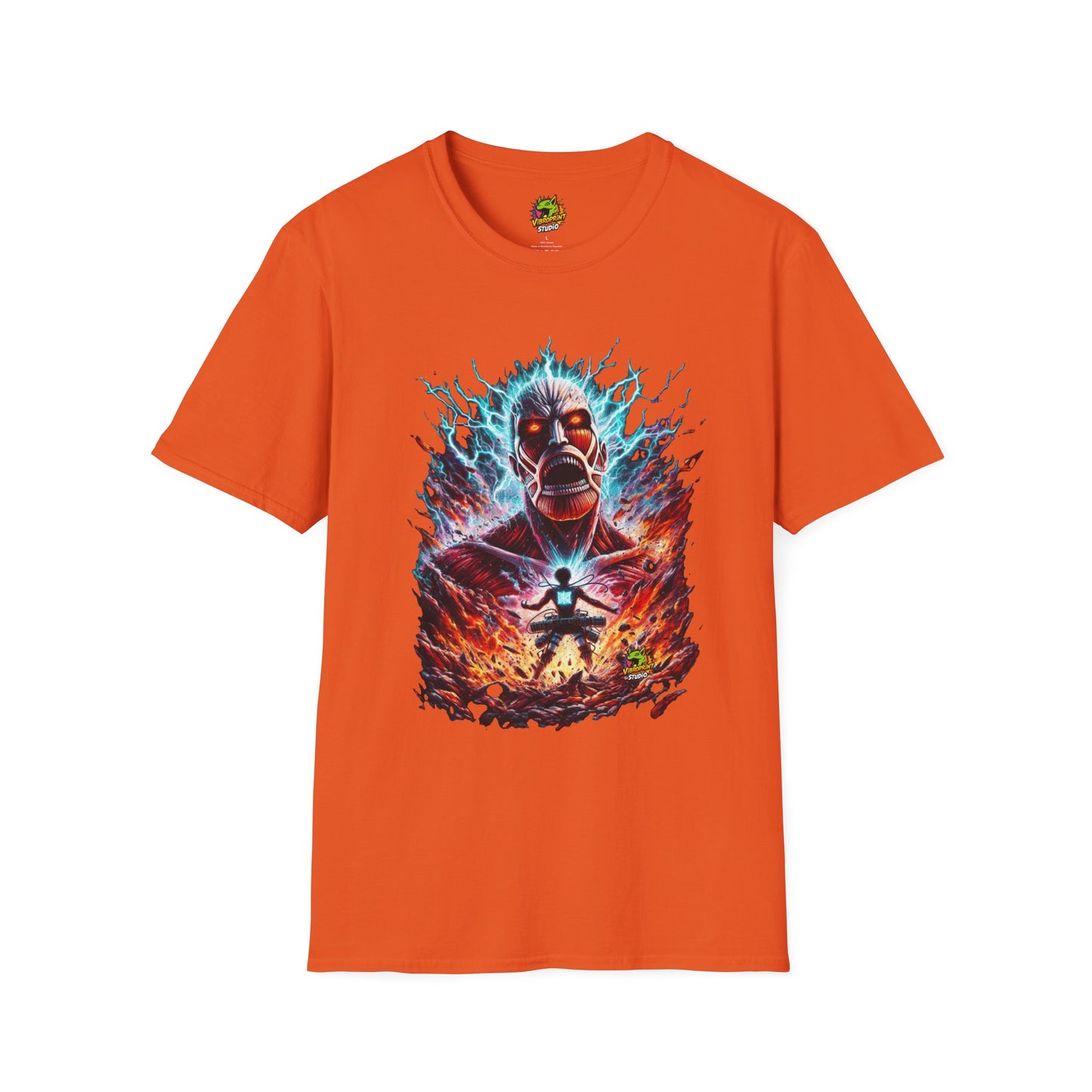 Eren Yeager in mid-transformation, symbolizing his role as the judge of humanity, on a high-quality black t-shirt designed by Vibroprint Studio.

