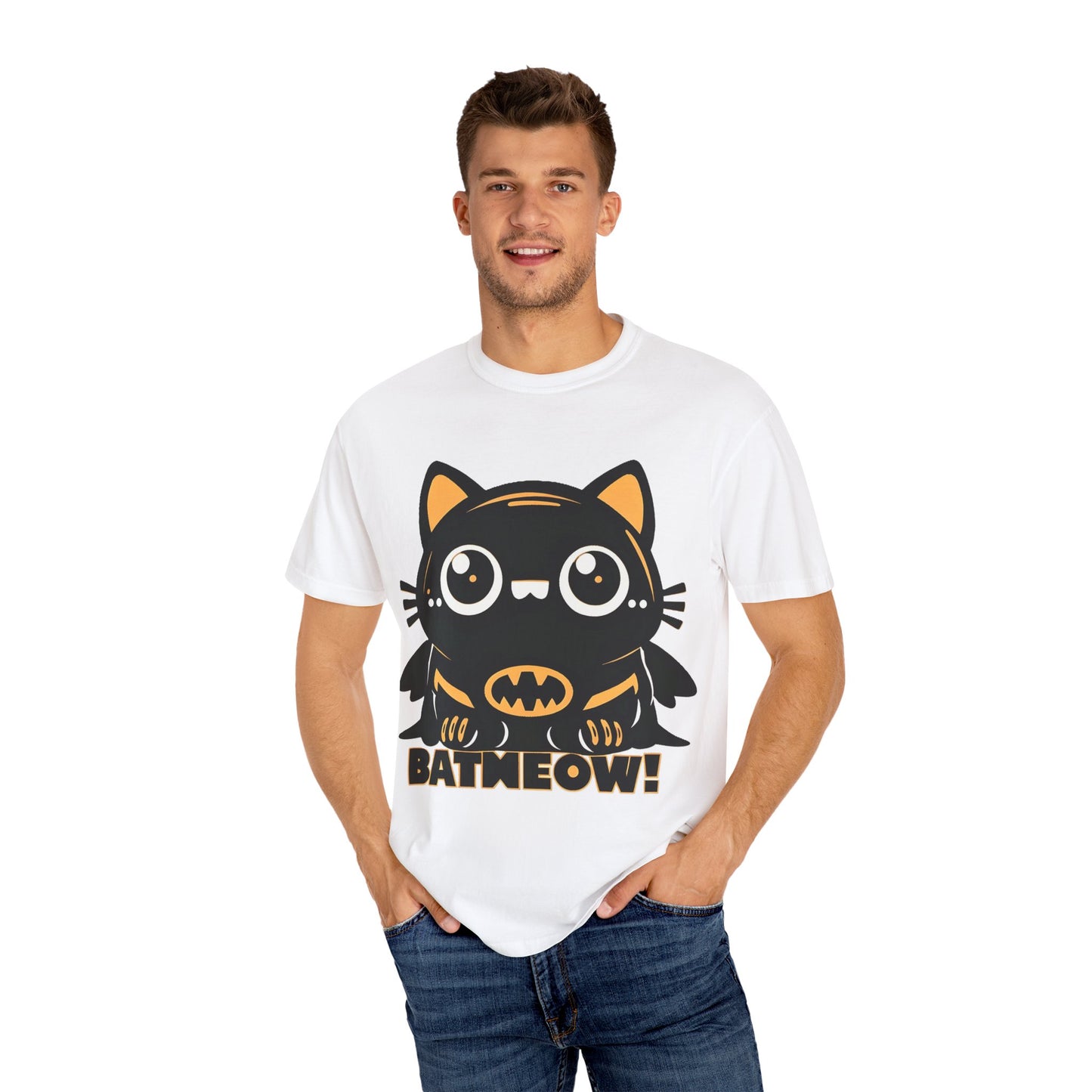 Superhero Cat T-Shirt - Cute Batman-Inspired Parody Design for Cat Lovers - High Quality Image