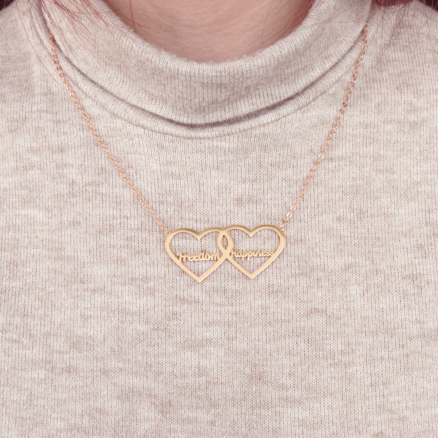 Detail shot of the clasp and chain of a Personalized Double Heart Name Necklace, crafted from durable Sterling Silver. (Highlights a specific feature – clasp and chain, addresses quality/durability)