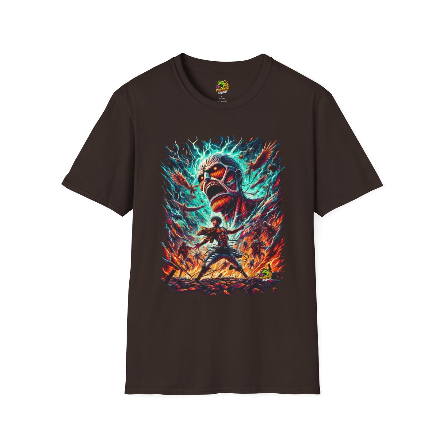 Eren Yeager mid-transformation into the Attack Titan, showcasing his fury and strength, on a high-quality black t-shirt, designed by Vibroprint Studio.