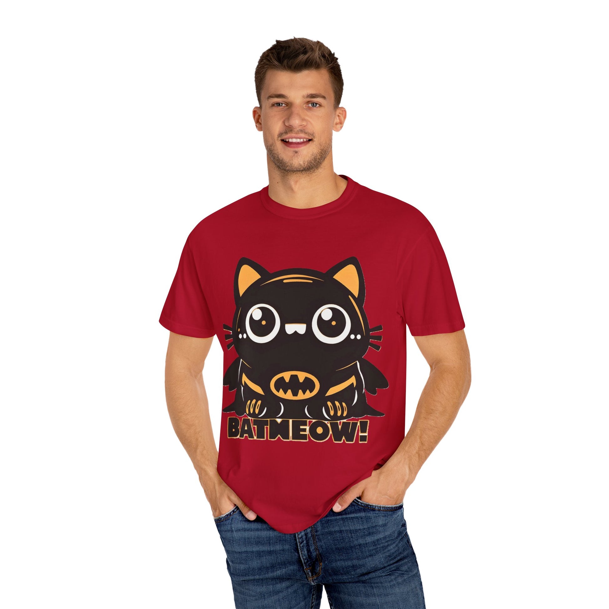 Superhero Cat T-Shirt - Cute Batman-Inspired Parody Design for Cat Lovers - High Quality Image