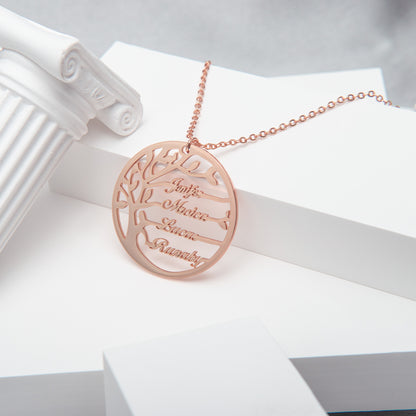 Copper Personalized Family Tree Necklace gleaming against a soft background. Perfect gift for Mother's Day or a birthday. (Highlights material, occasion, and visual appeal)