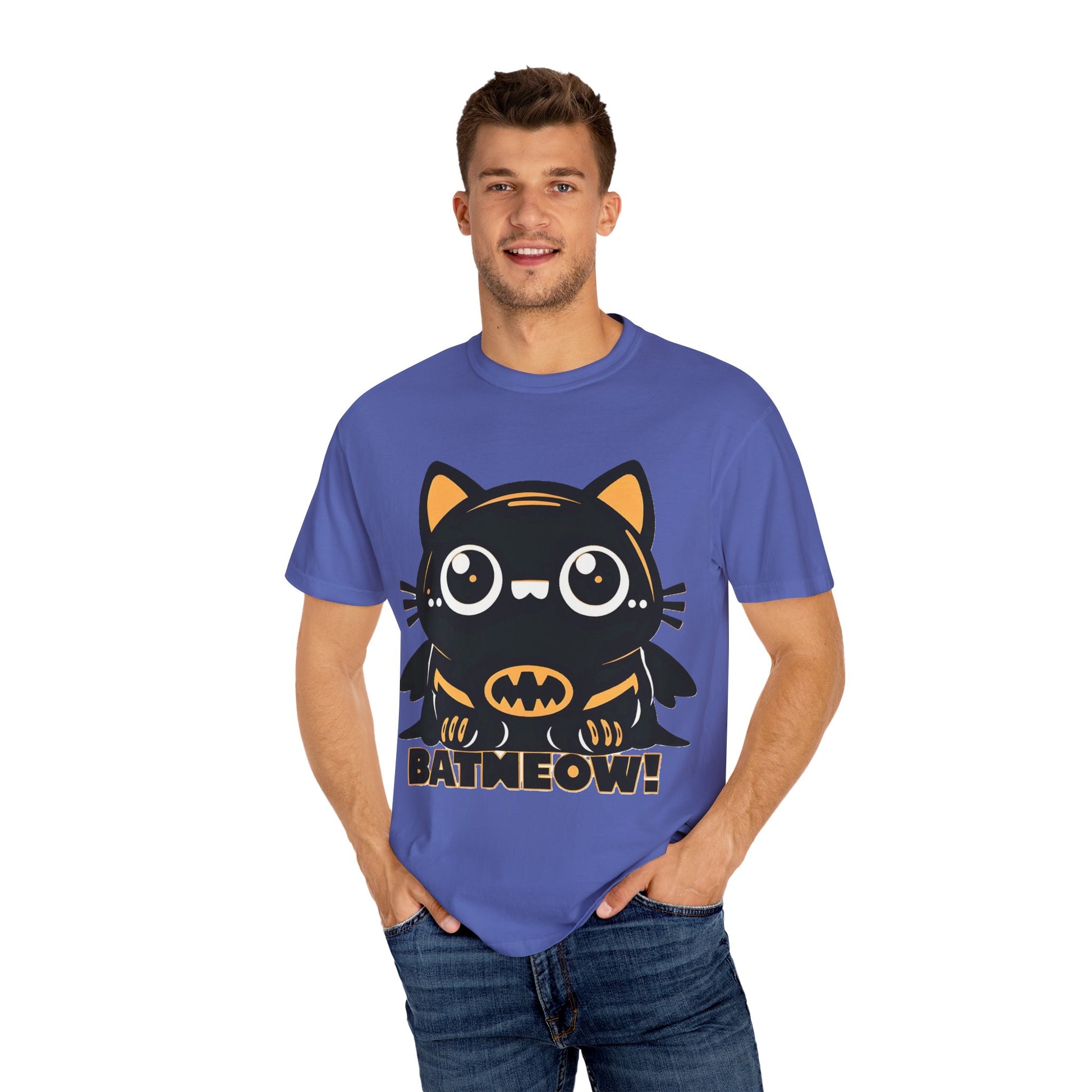 Superhero Cat T-Shirt - Cute Batman-Inspired Parody Design for Cat Lovers - High Quality Image