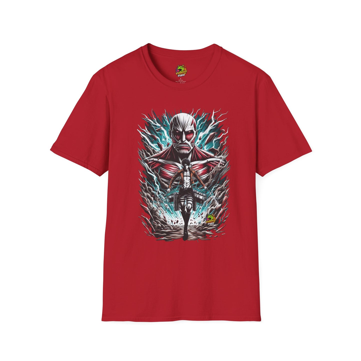 Eren Yeager in mid-transformation into the Attack Titan, capturing his desire for vengeance on a high-quality black t-shirt, designed by Vibroprint Studio.

