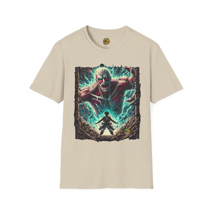 Eren Yeager in mid-transformation, rising as the Attack Titan, symbolizing his ascension to power on a high-quality black t-shirt, designed by Vibroprint Studio.

