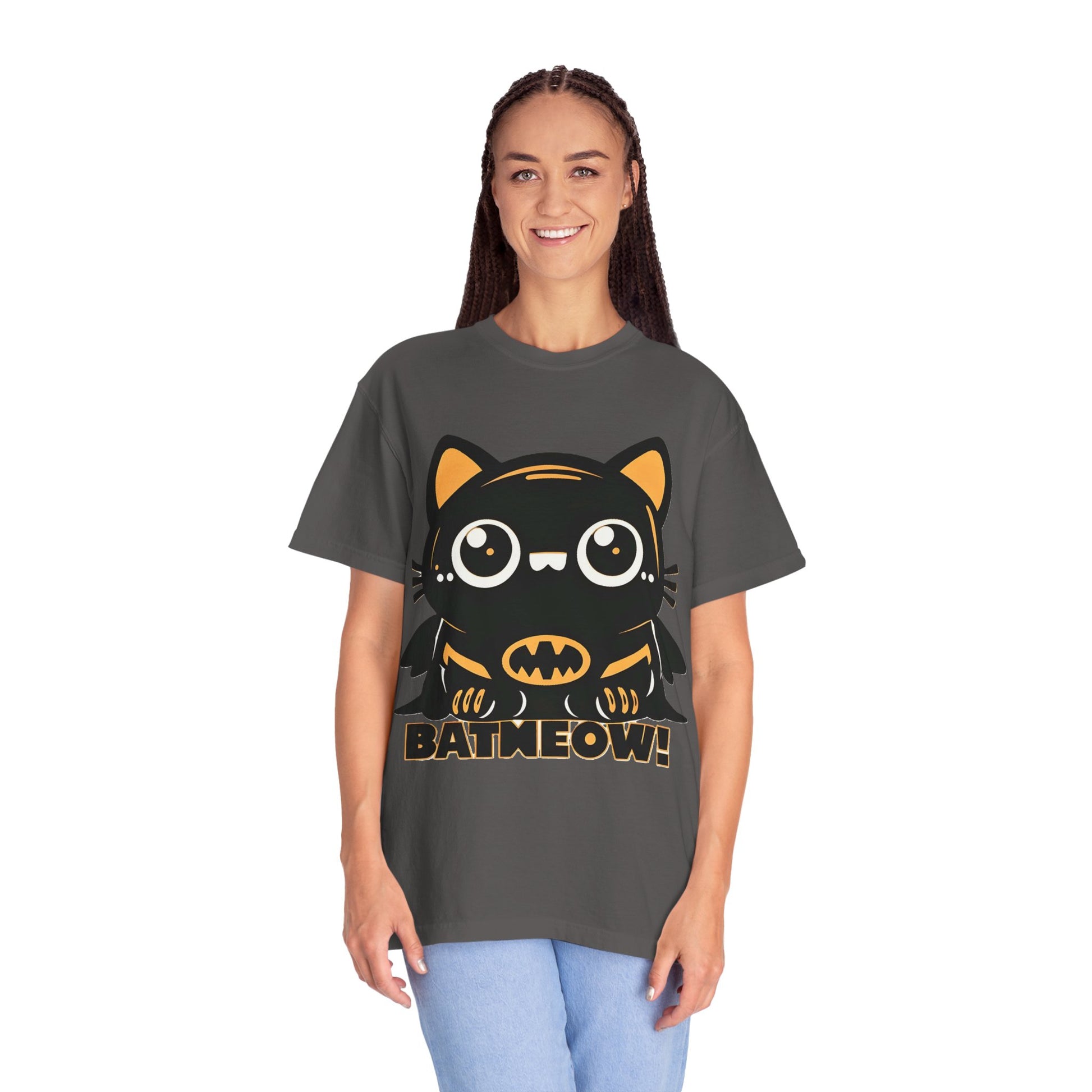 Superhero Cat T-Shirt - Cute Batman-Inspired Parody Design for Cat Lovers - High Quality Image