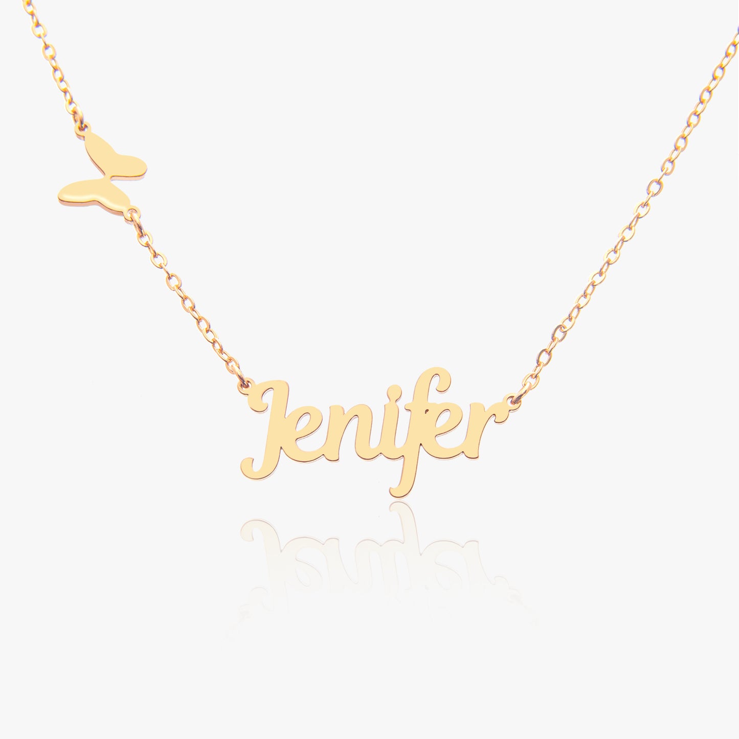 Dainty butterfly necklace in [Metal Variant, e.g., sterling silver] hanging on a chain. Showcases the delicate and minimalist design of the pendant and chain.