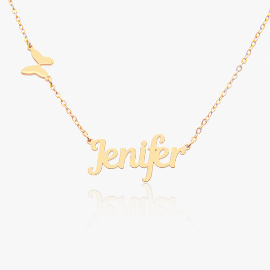 Dainty butterfly necklace in [Metal Variant, e.g., sterling silver] hanging on a chain. Showcases the delicate and minimalist design of the pendant and chain.