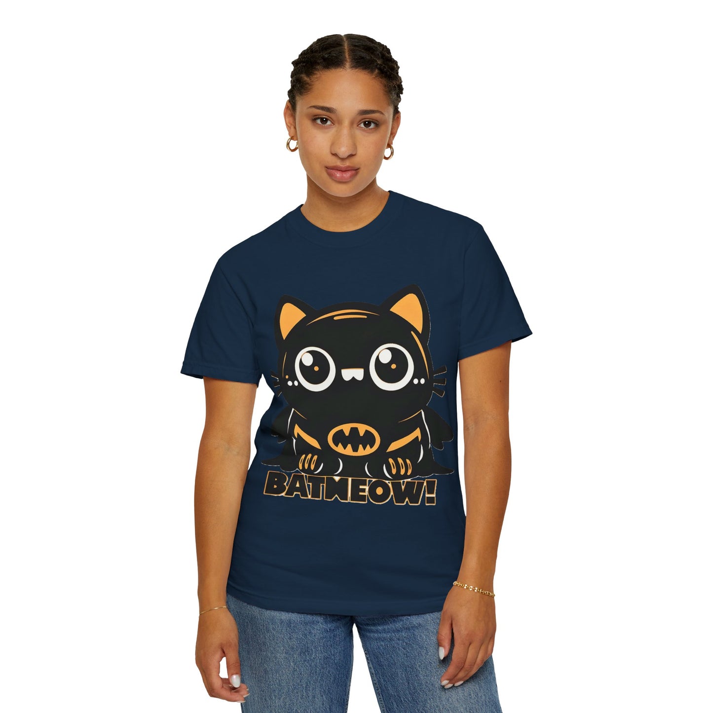 Superhero Cat T-Shirt - Cute Batman-Inspired Parody Design for Cat Lovers - High Quality Image