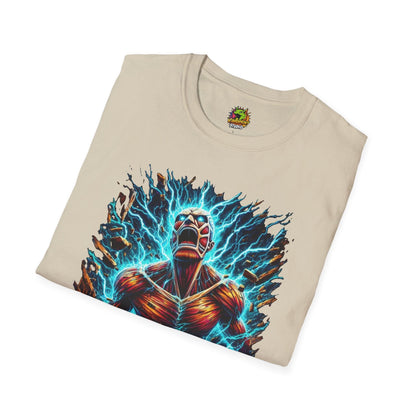 Eren Yeager in mid-transformation, unleashing his fury in his Titan form, captured on a high-quality black t-shirt designed by Vibroprint Studio.

