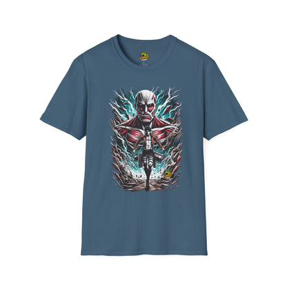 Eren Yeager in mid-transformation into the Attack Titan, capturing his desire for vengeance on a high-quality black t-shirt, designed by Vibroprint Studio.

