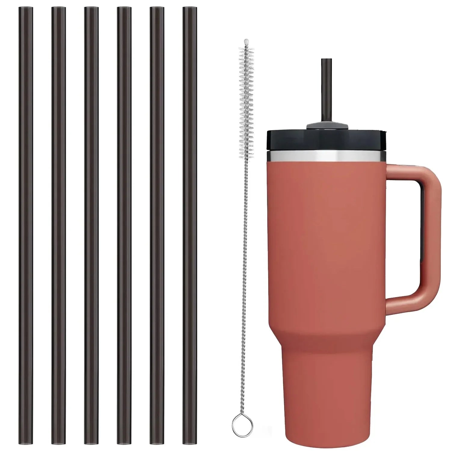 Set of 10 black reusable straws for Stanley tumblers, featuring a cleaning brush and showcasing their compatibility with a 40 oz Stanley tumbler.