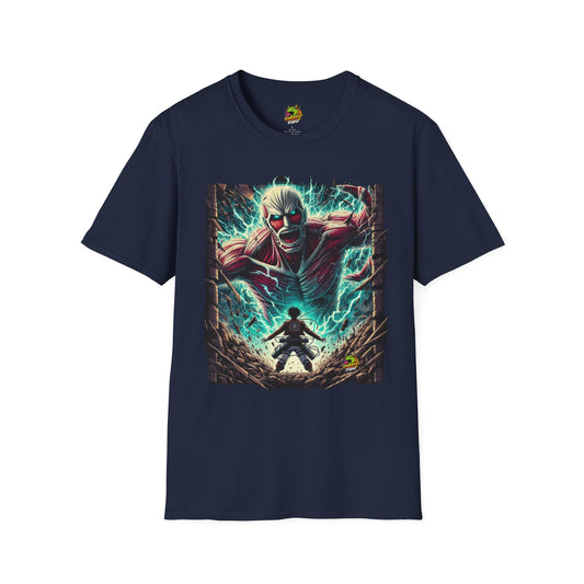 Eren Yeager in mid-transformation, rising as the Attack Titan, symbolizing his ascension to power on a high-quality black t-shirt, designed by Vibroprint Studio.

