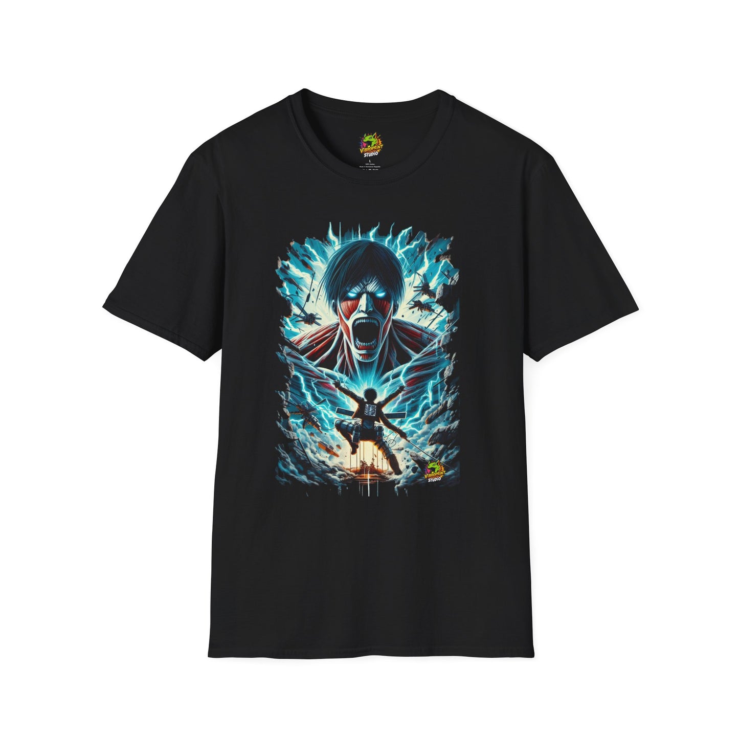 Eren Yeager mid-transformation into the Attack Titan, showcasing his unstoppable fury, on a high-quality black t-shirt, designed by Vibroprint Studio.