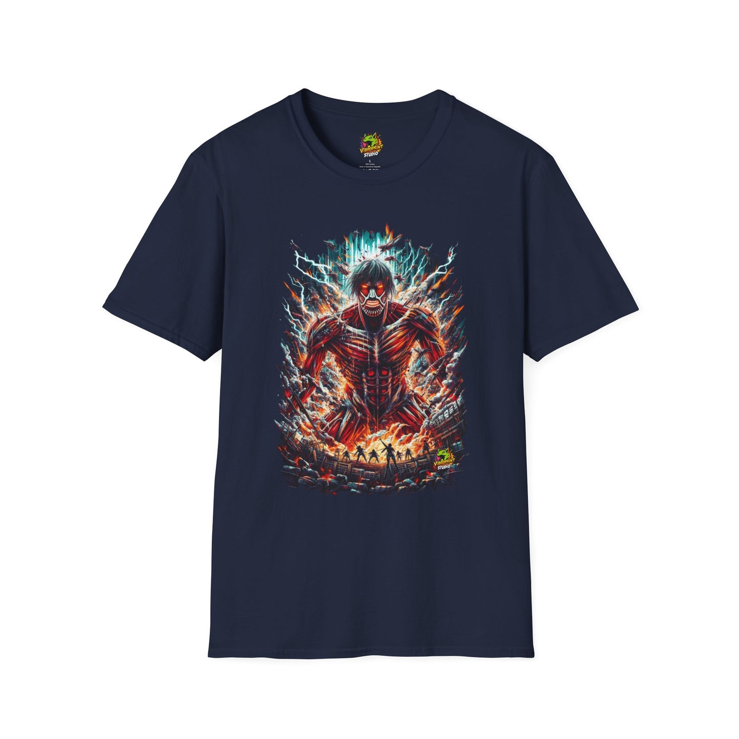 Eren Yeager in mid-transformation into the Attack Titan, showcasing his rage and power, on a high-quality black t-shirt, designed by Vibroprint Studio.

