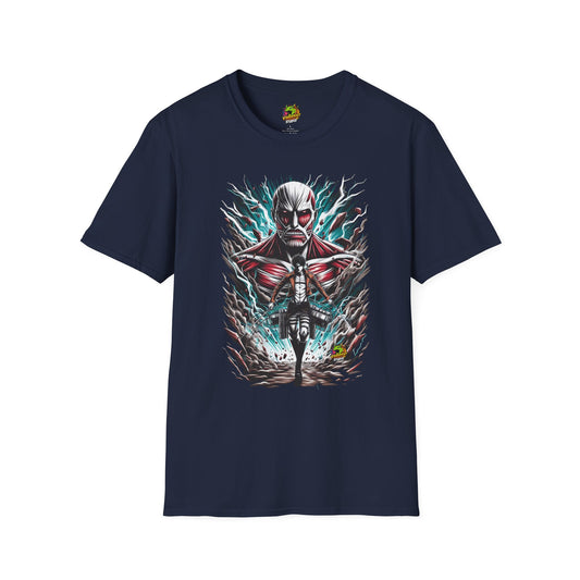 Eren Yeager in mid-transformation into the Attack Titan, capturing his desire for vengeance on a high-quality black t-shirt, designed by Vibroprint Studio.

