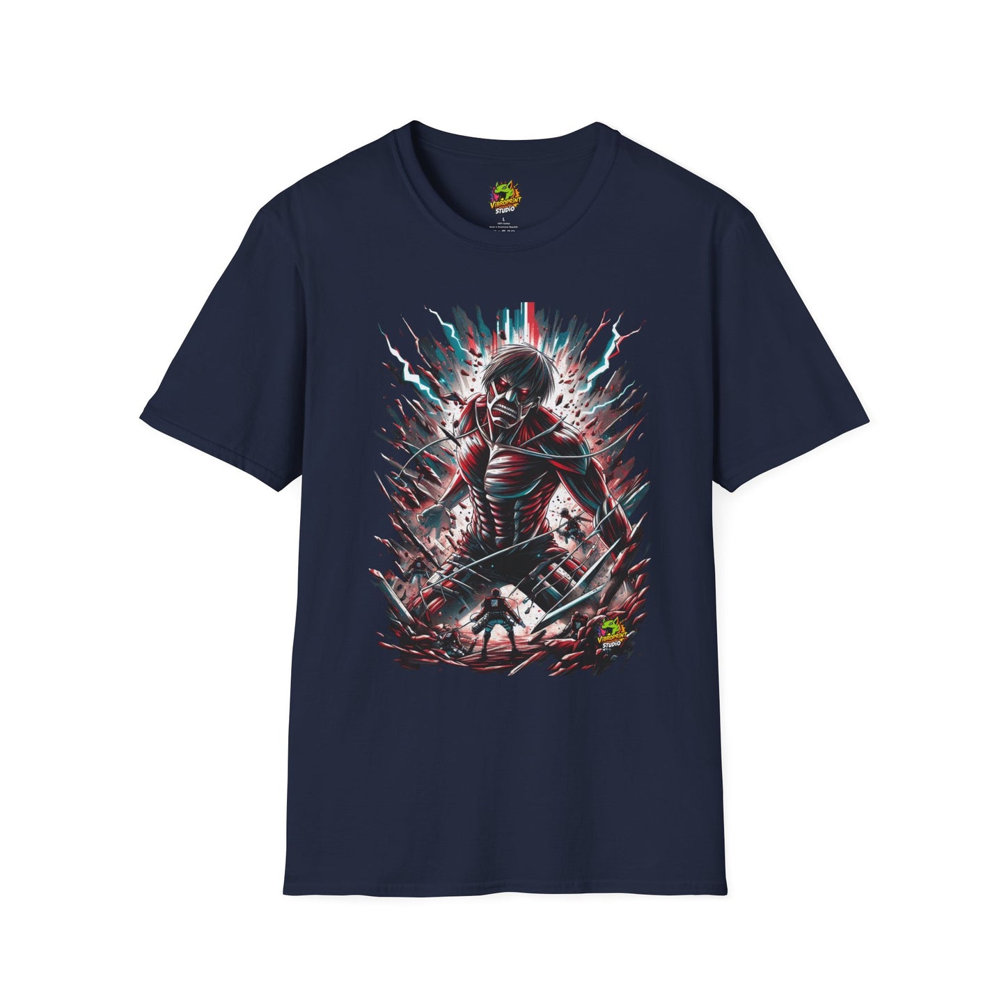 Eren Yeager mid-transformation into the Attack Titan, showcasing his wrath and fury, on a high-quality black t-shirt, designed by Vibroprint Studio.