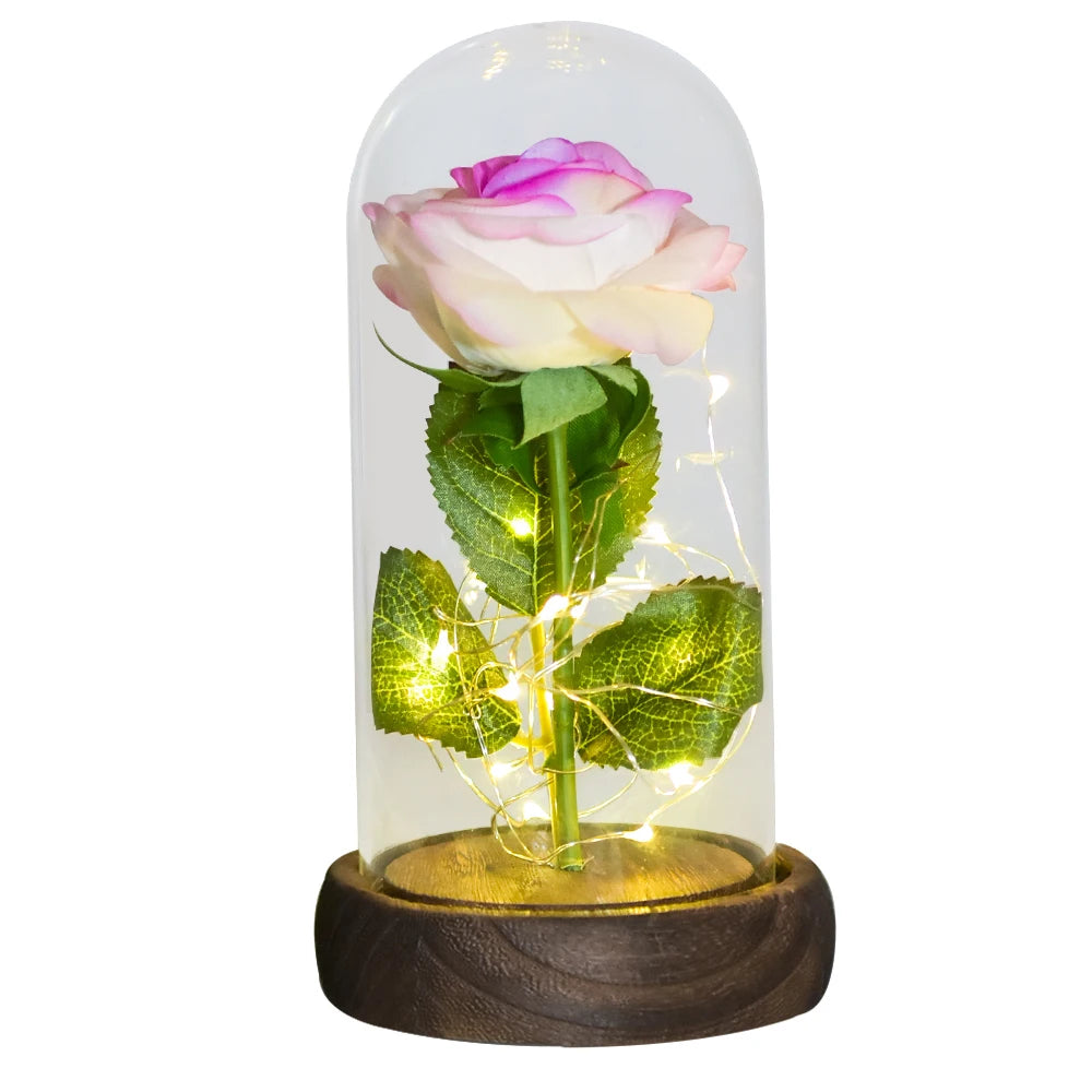 LED rose in glass dome with wooden base, Valentine's gift idea