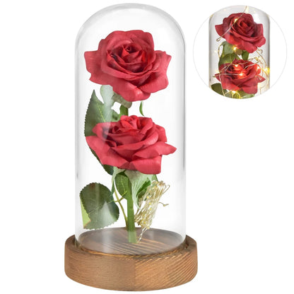 Enchanted LED roses, glass dome, warm white light, Valentine's