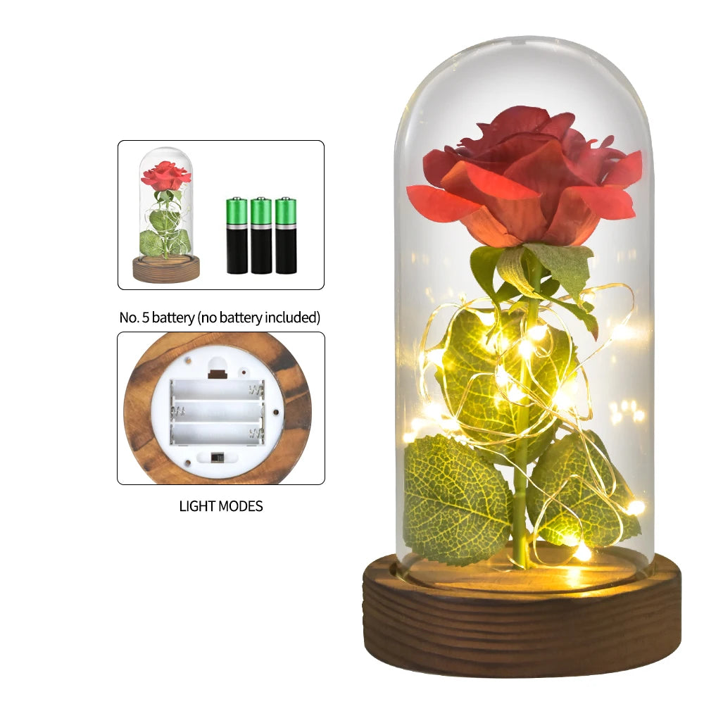 Close-up of red LED rose in glass dome, Valentine's Day gift