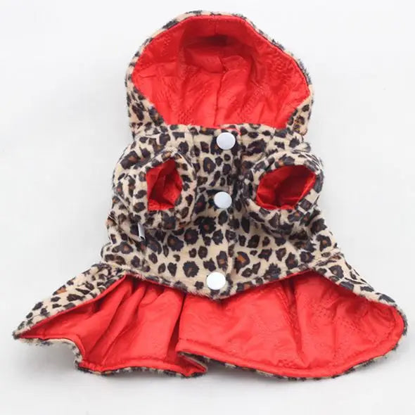 Reversible leopard print dog coat (Small) laid flat, displaying both the leopard print and solid color sides.