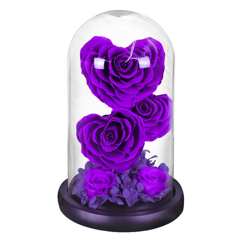 Red preserved rose gift, angled view, reflective glass dome.