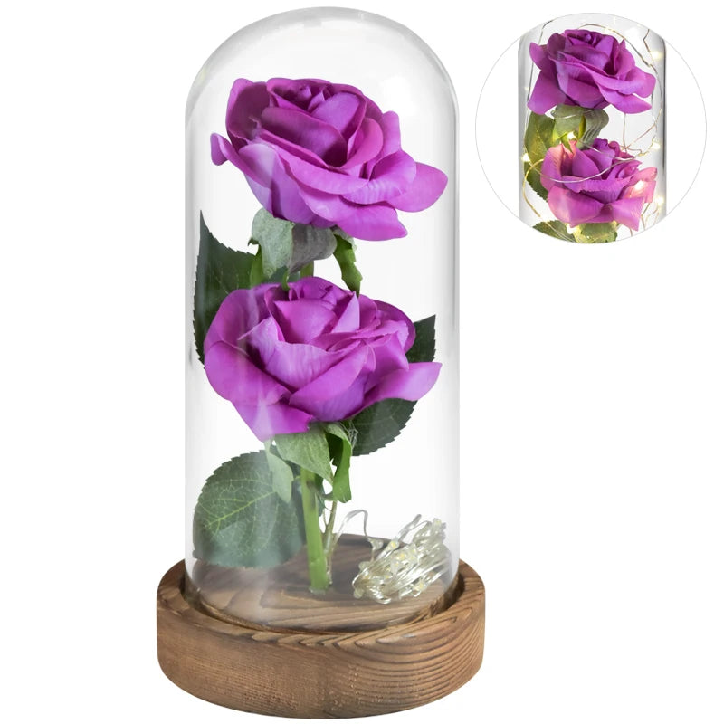 Side view: Enchanted LED roses in glass dome, romantic gift