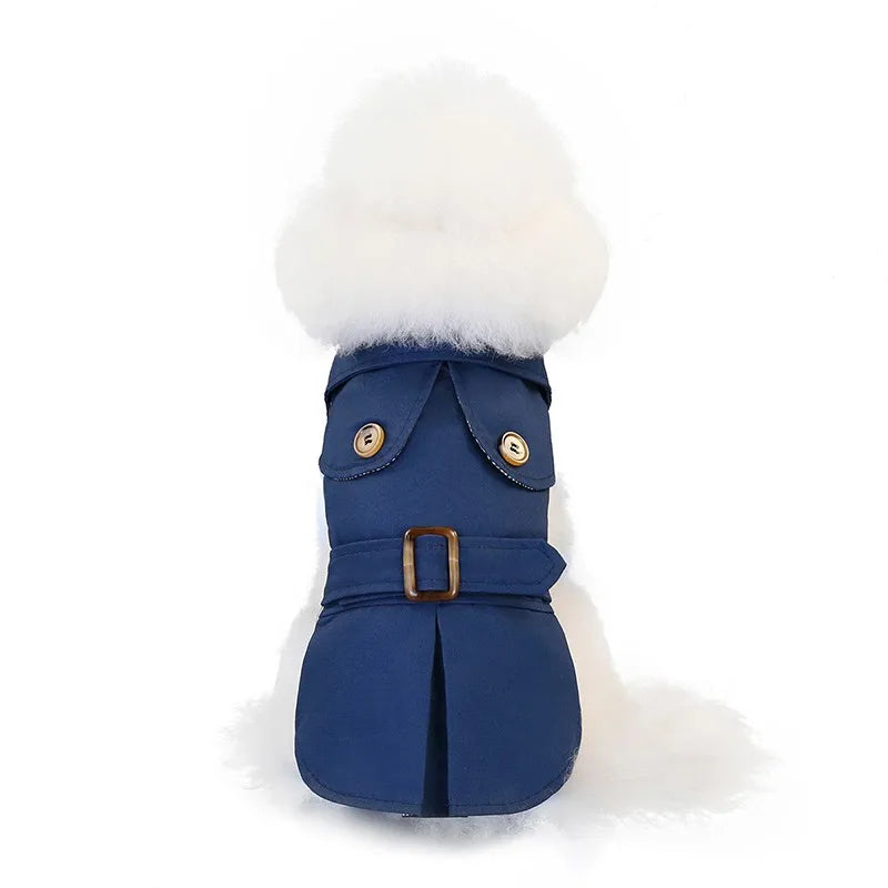 Close-up of the durable, water-resistant blue fabric of this Small dog winter coat.