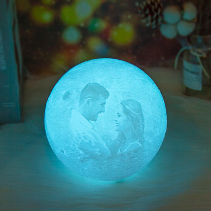 3D Moon Lamp: Close-up of custom photo engraved on lunar surface.