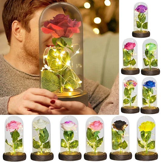 Eternal rose in glass dome with LED lights, a romantic Valentine's Day gift.